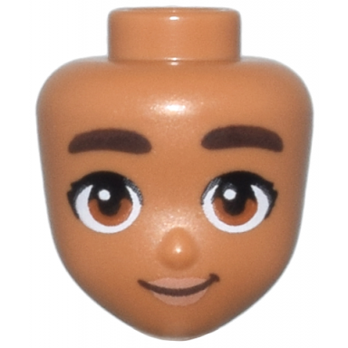 medium nougat mini doll head friends with dark brown thick eyebrows dark orange eyes nougat lips and closed mouth smile pattern