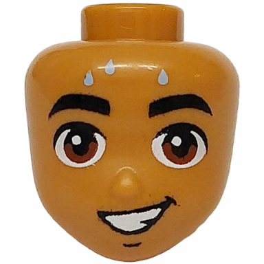 medium nougat mini doll head friends with black eyebrows reddish brown eyes bright light blue sweat drops and open mouth lopsided smile pattern