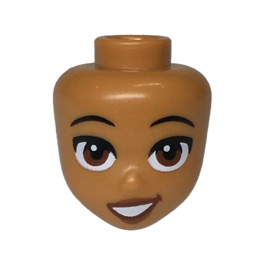medium nougat mini doll head friends with black eyebrows reddish brown eyes and mouth dark nougat lips open mouth crooked grin pattern