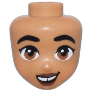 medium nougat mini doll head friends with black thick eyebrows dark orange eyes dark brown lips lopsided open mouth smile with top teeth with gap pattern