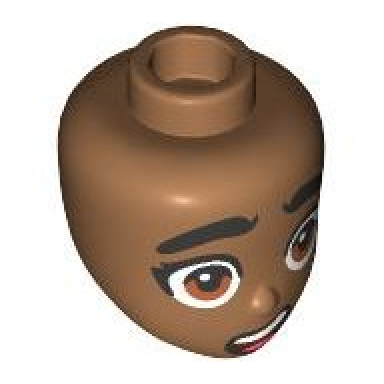 medium nougat mini doll head friends with thick black eyebrows dark orange eyes open mouth with white teeth and coral tongue pattern