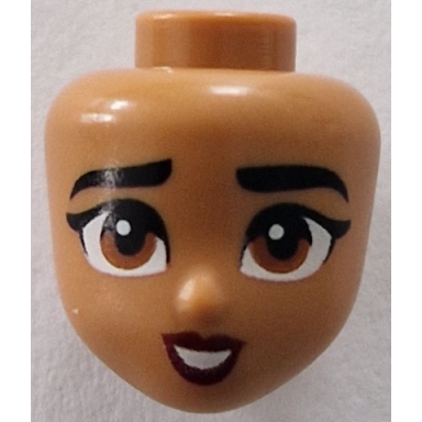 medium nougat mini doll head friends with black thick eyebrows dark orange eyes dark red lips open mouth smile with teeth pattern