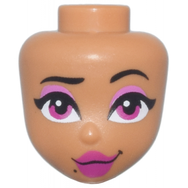 medium nougat mini doll head friends with black eyebrows left raised single eyelashes magenta eyes and lips dark pink eye shadow beauty mark lopsided grin pattern ursula