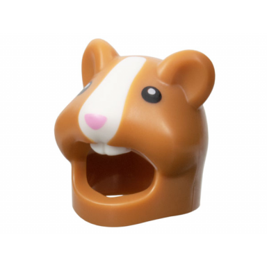 medium nougat minifigure headgear head cover costume hamster with molded white muzzle and teeth and printed black eyes and bright pink nose pattern
