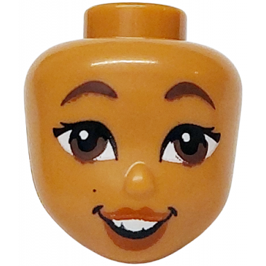 medium nougat mini doll head friends with dark brown eyebrows eyes and beauty mark black eyelashes dark orange lips and open mouth smile with top teeth pattern
