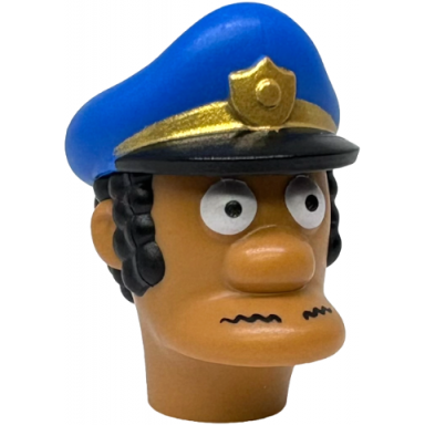 medium nougat minifigure head modified simpsons officer lou with blue police hat with molded black hair and printed eyes moustache bill and gold badge pattern