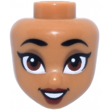medium nougat mini doll head friends with black eyebrows dark tan eye shadow reddish brown eyes dark red lips open mouth smile with teeth pattern