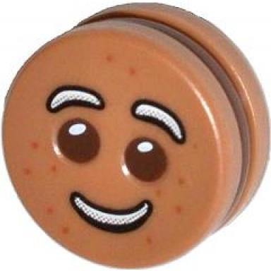 medium nougat minifigure head modified cookie shape with fixed reddish brown filling with eyes white icing eyebrows and smile and dark orange dots pattern