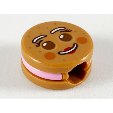 medium nougat minifigure head modified cookie shape with reddish brown eyes bright pink frosting white eyebrows and mouth red lips pattern gingerbread woman