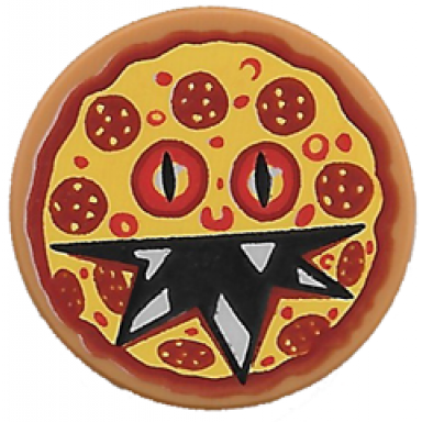 medium nougat tile round 2 x 2 with bottom stud holder with pizza pepperoni scary face pattern