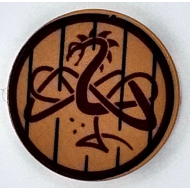 medium nougat tile round 2 x 2 with bottom stud holder with dark brown border and bars and dark red dragon pattern