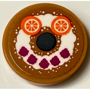 medium nougat tile round 2 x 2 with bottom stud holder with cake with smiley face white frosting magenta raspberries and orange slices pattern sticker - set 43231
