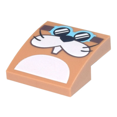 medium nougat slope curved 2 x 2 x 2 3 with medium azure goggles with dark brown strap black nose and whiskers white cheeks and tooth pattern super mario rocky wrench face