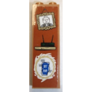 medium nougat brick 1 x 2 x 5 with minifigure portrait wifi hub on shelf and st 110 pattern sticker - set 76108