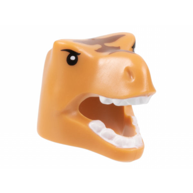 medium nougat minifigure headgear head cover costume tyrannosaurus rex dragon with black eyes reddish brown stripes and white teeth pattern