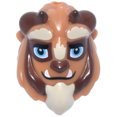 medium nougat mini doll headgear mask beast holes on top and back with reddish brown horns black thick eyebrows medium azure eyes with single glints white fangs and tan beard pattern