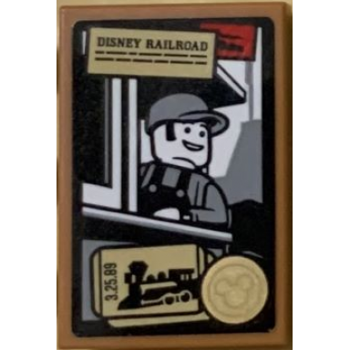 medium nougat tile 2 x 3 with disney railroad train poster with minifigure and ticket pattern sticker - set 71044