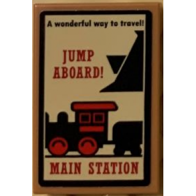 medium nougat tile 2 x 3 with train poster with a wonderful way to travel! jump aboard! and main station pattern sticker - set 71044