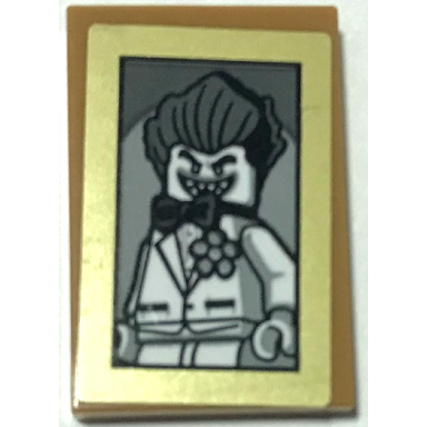 medium nougat tile 2 x 3 with picture of the joker minifigure in gold frame pattern sticker - set 70922