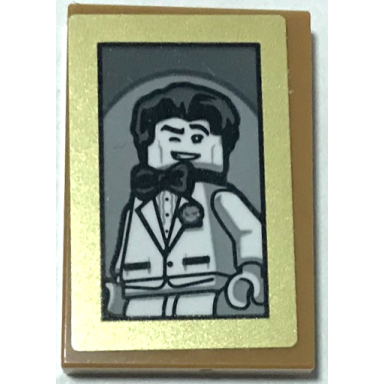 medium nougat tile 2 x 3 with picture of bruce wayne minifigure in gold frame pattern sticker - set 70922