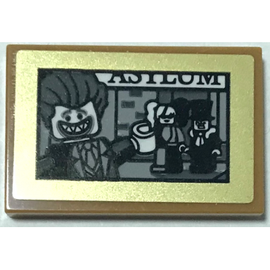 medium nougat tile 2 x 3 with picture of the joker harley quinn and penguin minifigures and asylum in gold frame pattern sticker - set 70922