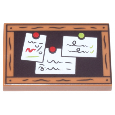 medium nougat tile 2 x 3 with dark brown bulletin board with wood frame white notes and red and lime pins pattern