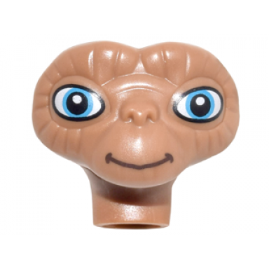medium nougat minifigure head modified alien e t with wide medium blue eyes and dark brown smile pattern