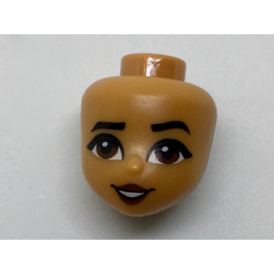 medium nougat mini doll head friends with black thick eyebrows reddish brown eyes and lips open mouth smile with teeth pattern