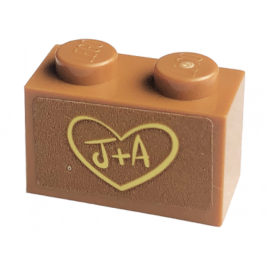 medium nougat brick 1 x 2 with bright light yellow j a in heart pattern sticker - set 41447