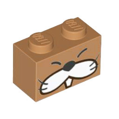 medium nougat brick 1 x 2 with black closed eyes nose and whiskers white cheeks and tooth pattern super mario monty mole face