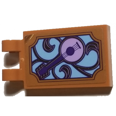 medium nougat tile modified 2 x 3 with 2 open o clips with lavender guitar with dark purple strings and medium blue swirls pattern sticker - set 41193
