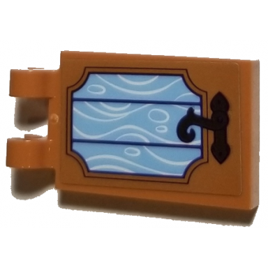medium nougat tile modified 2 x 3 with 2 open o clips with medium blue window with latch pattern sticker - set 41193