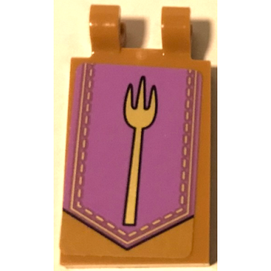 medium nougat tile modified 2 x 3 with 2 open o clips with gold fork on medium lavender banner background pattern model right side sticker - set 75826