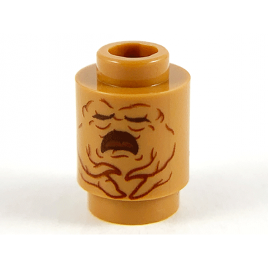 medium nougat brick round 1 x 1 with reddish brown mandrake face and open mouth pattern