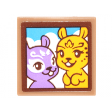 medium nougat tile 2 x 2 with portrait of bright light yellow and medium lavender squirrels with sky and clouds background pattern sticker - set 41182