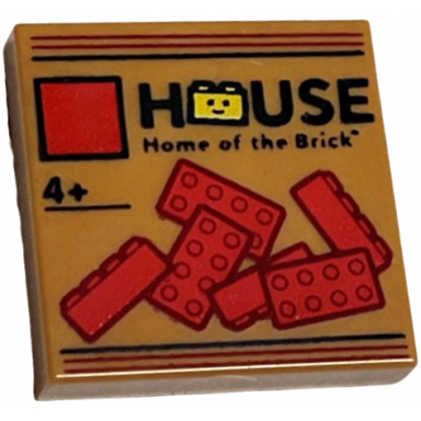 medium nougat tile 2 x 2 with lego house logo home of the brick 4 and red 2 x 4 bricks box art pattern