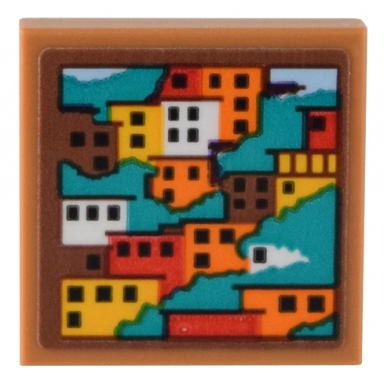 medium nougat tile 2 x 2 with orange bright light orange red and white houses on dark turquoise hillside pattern sticker - set 40583