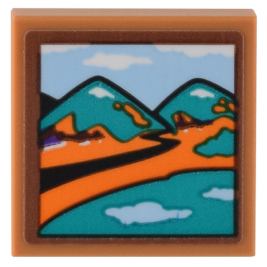 medium nougat tile 2 x 2 with landscape with dark turquoise hills and orange and black roadway pattern sticker - set 40583