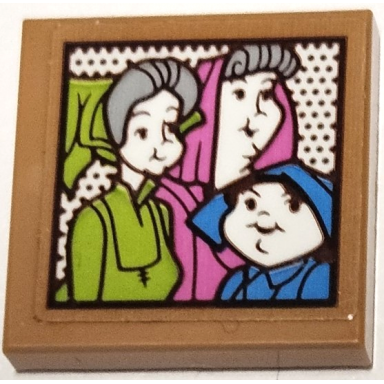 medium nougat tile 2 x 2 with portrait picture of the 3 fairy godmothers flora fauna and merriweather with dark azure dark pink and lime dresses pattern sticker - set 43188
