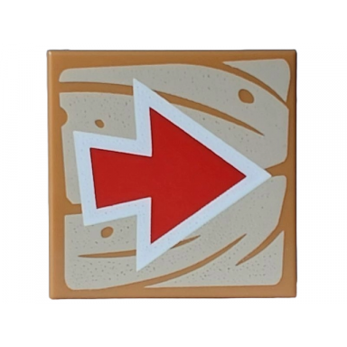 medium nougat tile 2 x 2 with red and white arrow on tan wood grain background pattern