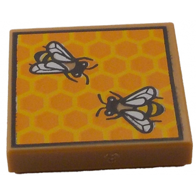 medium nougat tile 2 x 2 with beehive frame with orange and bright light orange honeycomb large bees with white wings pattern