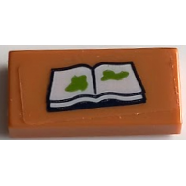 medium nougat tile 1 x 2 with white open book and lime slime splotches pattern sticker - set 41402