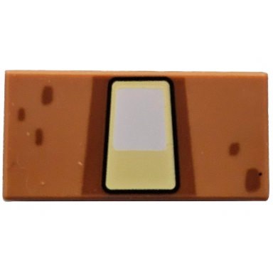 medium nougat tile 1 x 2 with white and bright light yellow trapezoid with black outline dark orange border and spots pattern minecraft great hog eye