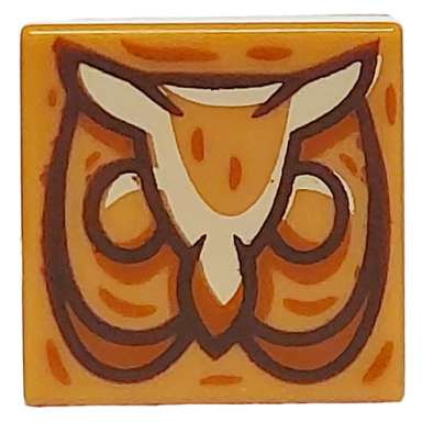 medium nougat tile 1 x 1 with owl head with dark brown outline tan feathers and dark orange highlights pattern