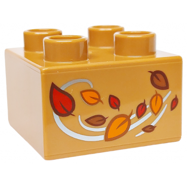 medium nougat duplo brick 2 x 2 with red orange and reddish brown leaves and silver wind swirls pattern