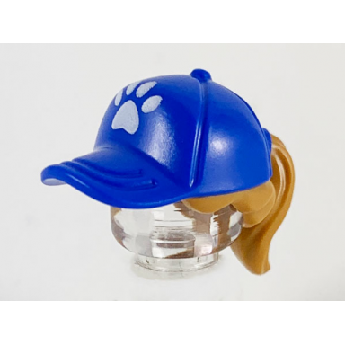 medium nougat minifigure hair combo hair with hat ponytail with molded blue ball cap and printed white paw print pattern