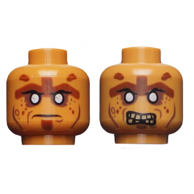 medium nougat minifigure head dual sided alien potc zombie silver eyes and brown face lines closed mouth bared teeth pattern