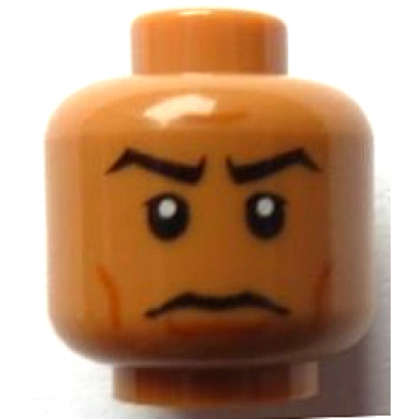medium nougat minifigure head black angled eyebrows upper eyelids dark orange cheek lines and wide chin dimple stern pattern