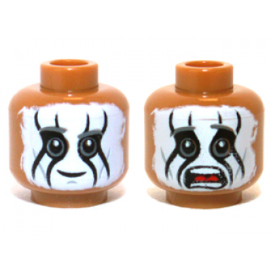 medium nougat minifigure head dual sided dark bluish gray eyebrows white face paint with black animal stripes grin scared open mouth with teeth parted and red tongue pattern