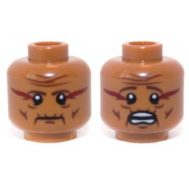 medium nougat minifigure head dual sided wrinkles and dark red face paint mouth closed mouth open scared pattern